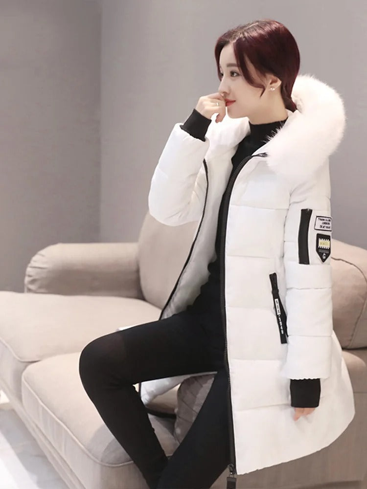 Women Winter Fur Collar Hooded Parka