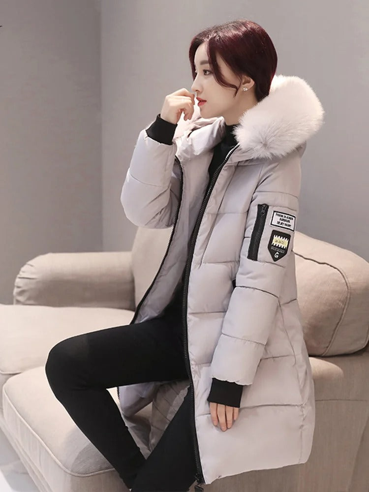 Women Winter Fur Collar Hooded Parka