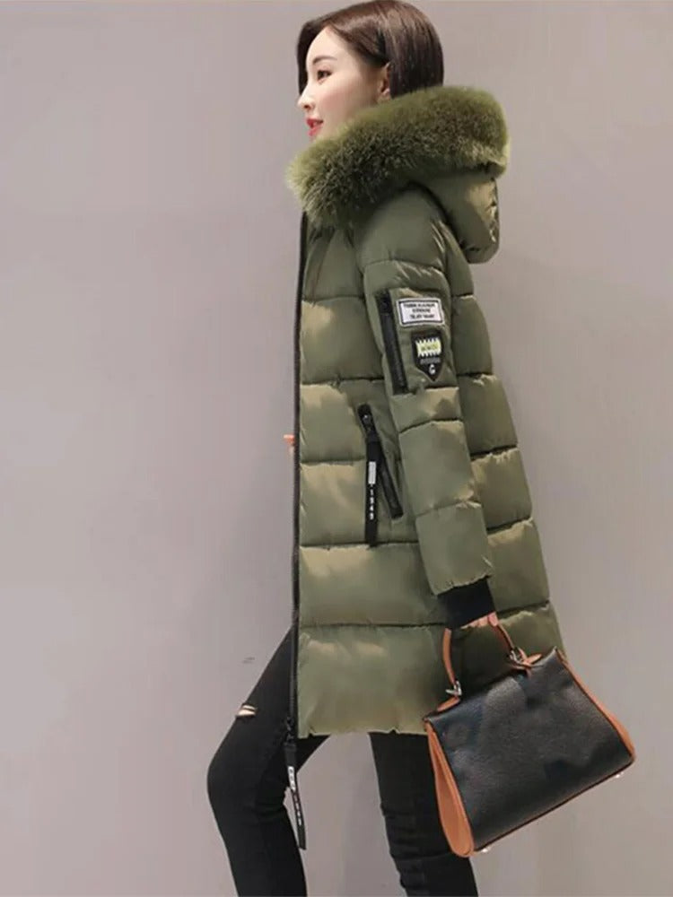 Women Winter Fur Collar Hooded Parka